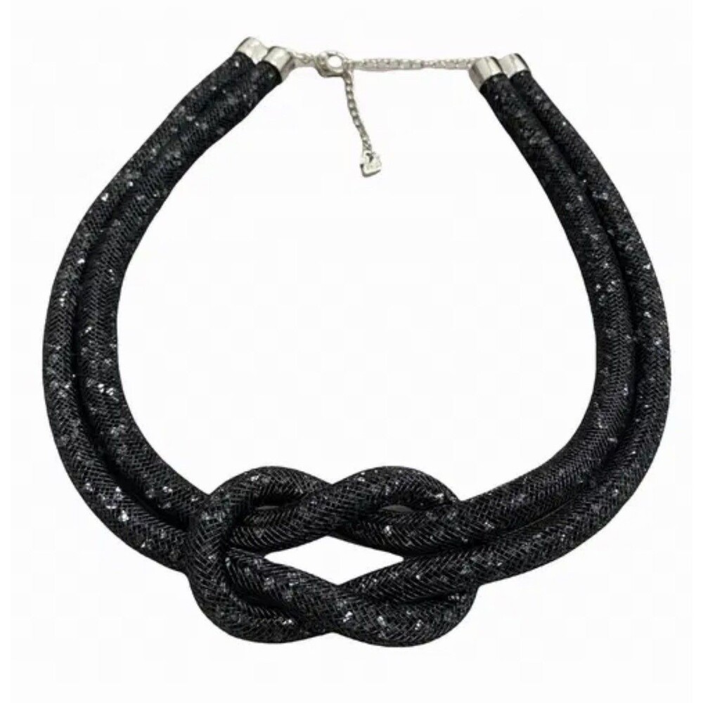 Swarovski Crystal Black Stardust Knot Necklace Silver Hardware Mesh Glam Swan